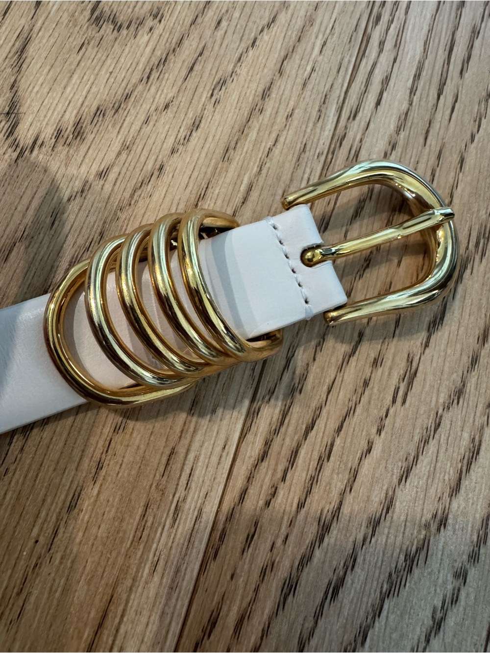Dehanche White Leather Belt with Gold Buckle and Rings